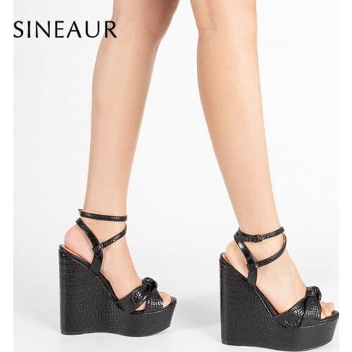 SINEAUR Womens Summer Shoes Sexy Ladies Super High Wedge Heel Pumps Cross Strap Cross-tied Sandals PU Round Toe Plus Size 35-45