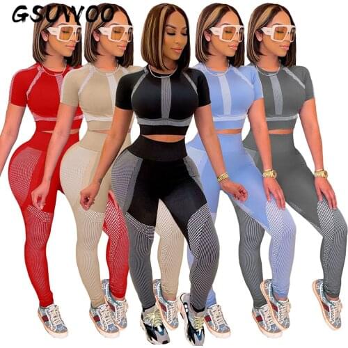 GSUWOO Women Print High Stretch Leisure Sports Suit Short Sleeve Crop Top and Leggings Sportwear Sets Tracksuit Outfits Clothes