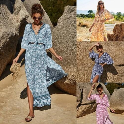 Bohemian Print Long Skirt Short Top Summer Dress Set V-neck Lace Split Hem Vintage Ethnic Three Quarter Sleeve Women Dress Sets