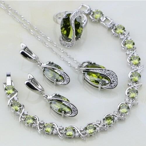 Olive Green Cubic Zirconia White CZ 925 Sterling Silver Jewelry Sets For Women Wedding Earring/Pendant/Necklace/Bracelet/Ring