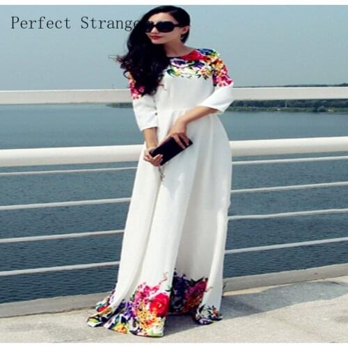 2019 Autumn New Arrival Elegant Round Collar Flower Embroidery Long Sleeve Woman Long Chiffon Dress White