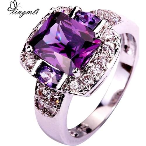 Lingmei Fashion Charming Nice Women Party Jewelry Purple & White CZ Silver Color Ring Size 6 7 8 9 10 11 12 13 Wholesale Gifts