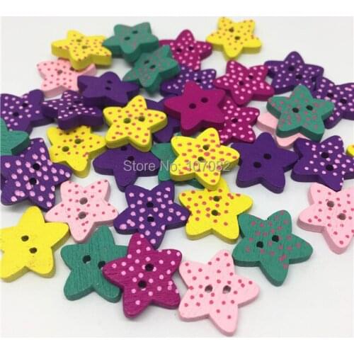 100pcs 15mm Mixed Dots Pattern Wood Star Buttons Painted 2 Holes Sewing Button Jewelry Making Decorations Scrapbooking