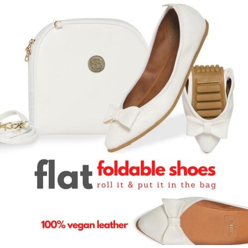 2021 Summer White Love Knot Shoes and Bag Set Foldable Ballet Flat Easy Carry Travel Folding Ribbon 34 to 41