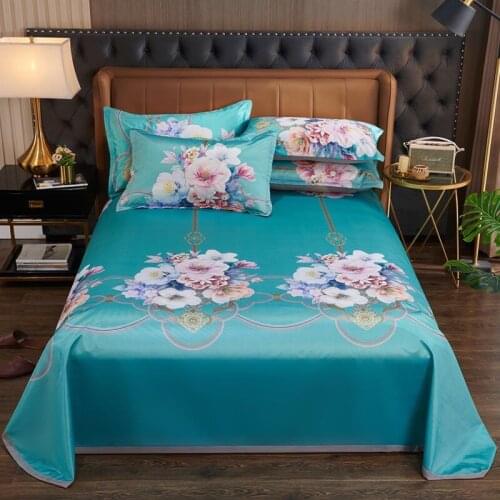 2021 Satin Silk Blue Flower Sheet High-End Colorful Bed Cover 1 Pcs Summer Cool Bed Sheets Set 250 x 230 (With Pillowcase)
