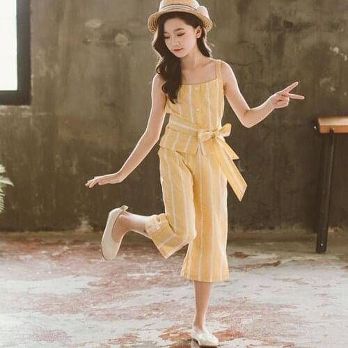 2021 Summer Teenager Kids Girls Clothes Sleeveless Vest Tops + Pants Children Teenager wide leg Pants 5 6 7 8 9 10 11 12 year