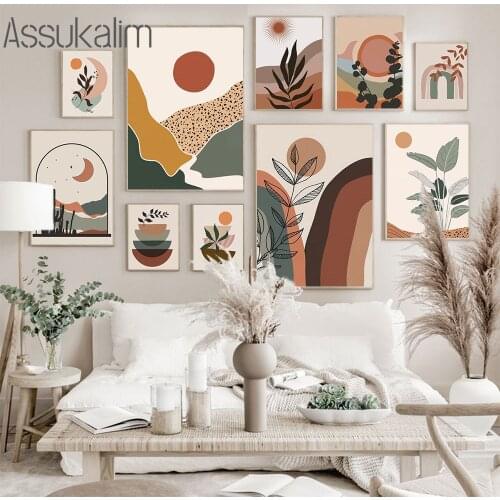 Abstract Canvas Painting Sun Moon Wall Posters Plant Leaf Art Print Landscape Poster Boho Wall Pictures For Living Room Decor