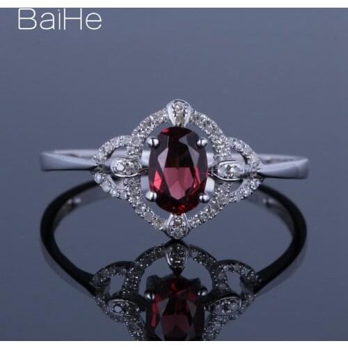 BAIHE Solid 14K White Gold 0.6CT Oval Flawless Garnets Wedding Gift Women Trendy Fine Jewelry beautiful Garnet Ring