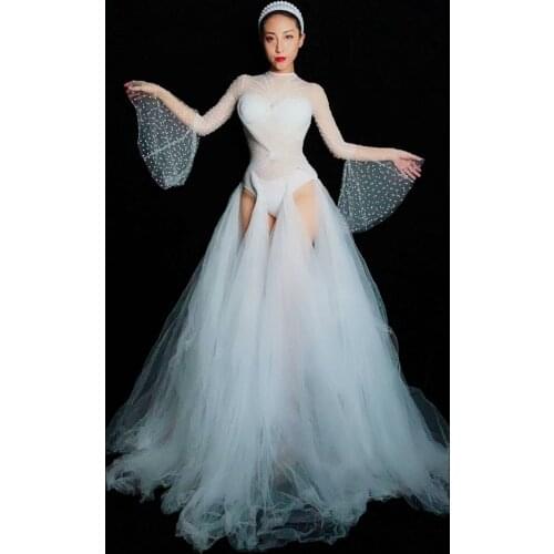 White Mesh Pearls Bodysuit Women Dance Costumes Birthday Bar Nightclub Party Jumpsuit Female Singer Performance Stage Outfits