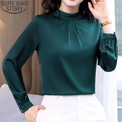 Elegant Silk Shirt Women Satin Blouse Fashion Long Sleeve Stand Collar Ladies Tops Loose Plus Size Female Blusas Mujer 13039