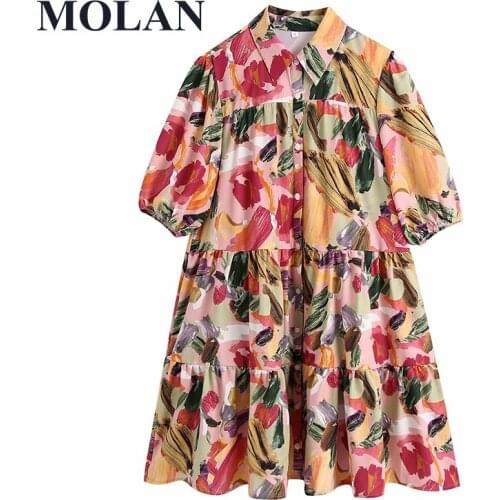 Elegant Vintage Summer Light Shirt Dress Singal Breasted Turn Down Collar Short Sleeve Stright Floral Print Female Chic Dress
