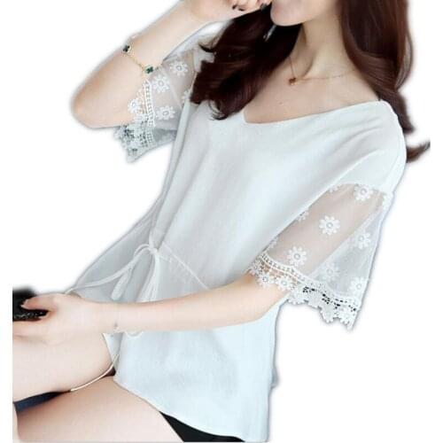 Elegant Lace Chiffon 2019 Women Sweet Blouses Spring Autumn Office Lady O-Neck Hollow Out Back Sashes Short Sleeve Blouses Q033