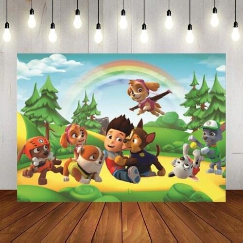 Forest Cartoon Dogs Rainbow Sky Backdrops Photography Ryder Family Patrol Kids Birthday Party Photo Background For Table Decor