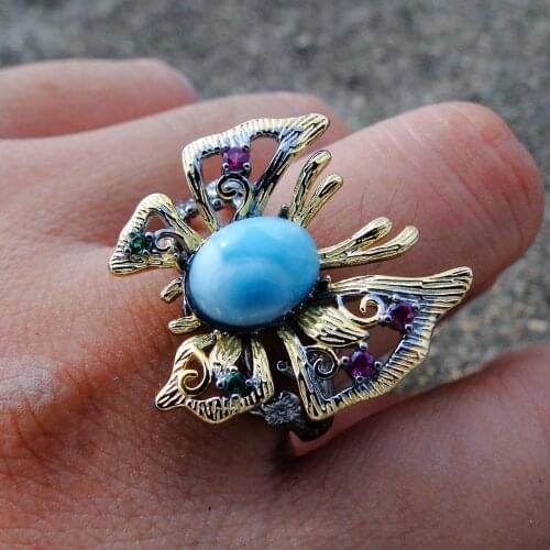 Hot Selling Larimar Rings 925 Sterling Silver Two Tone Plated Natural Larimar Butterfly Adjustable rings For Gift