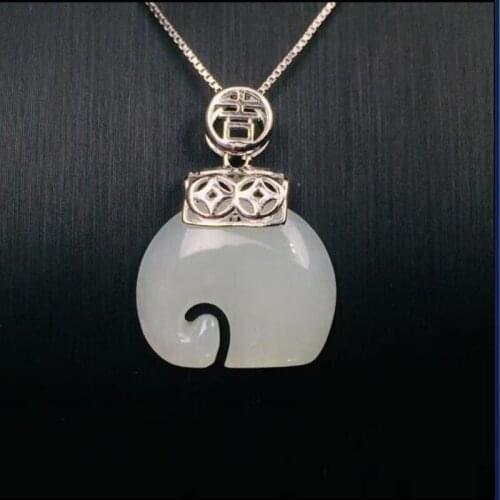 Natural White Jade Elephant Pendant 925 Silver Inlay Women Gift Necklace Jewelry