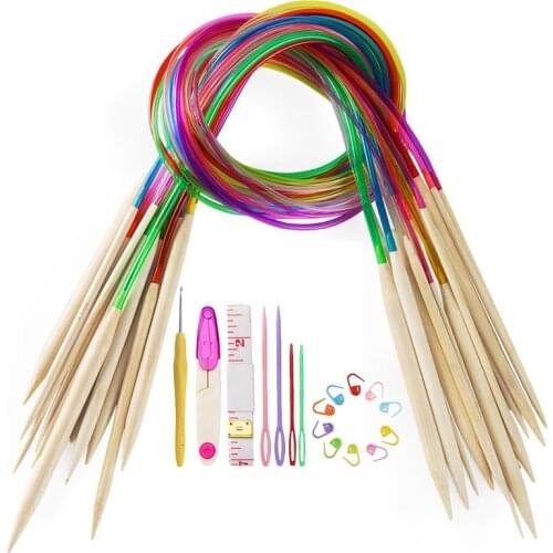 MIUSIE 35Pcs/80cm 2-10mm Multicolor Soft Tube Carbonized Bamboo Circular Crochet Knitting Needles Set with 5 Kind of Accessories