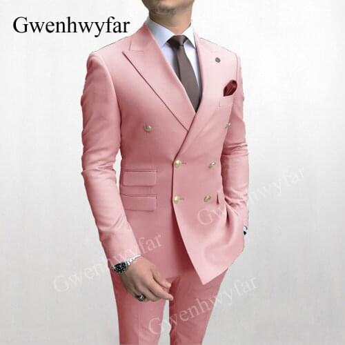 Gwenhwyfar Pink Men Suits Double breasted Blazer Slim Pants Simple Fashion cut Groomsmen Wedding Party wear Suits Custom Size