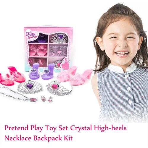 Fancy Dress Role Play Princess Dress Toy Crystal Shoes Pretend Play Toy Set Crystal High-heels Necklace Backpack Kit Jewelry Set