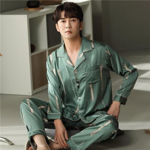 Spring Ice Silk Thin Pajama Sets Men Summer Pajama Male Print Sleep Tops+Elastic Waist Trousers Loose Soft Pijama Sleepwear Sets