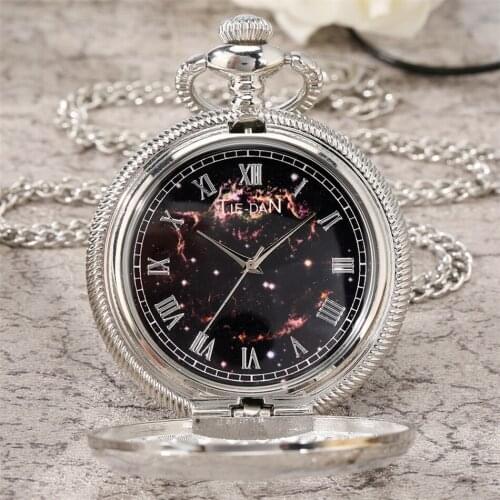 Hollow Cover Starry Sky Roman Numerals Round Dial Silver Pocket Watch Necklace Pendant Clock Gifts Men Women