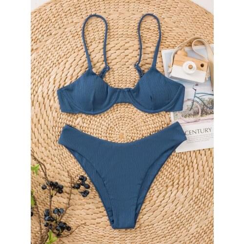 Sexy Underwire Bikini 2021 Women Solid Black High Cut Two Piece Swimsuit Brazilian High Cut Bathing Suit Thong Swimwear Biquini