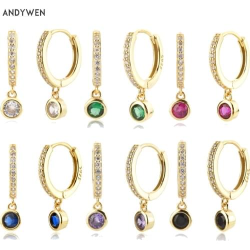 ANDYWEN 925 Sterling Silver Gold Zircon Charm Drop Earring Pendientes Clips Women Fine Jewelry Crystal CZ Loops Piercing