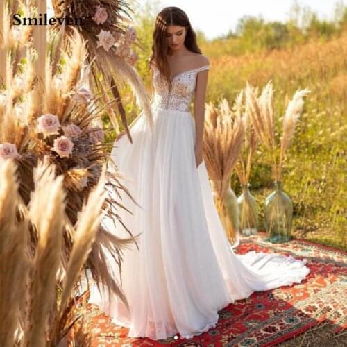 Smileven Simple Chiffon Boho Wedding Dress Sexy Robe De Mariee Lace Bridal Dresses Vintage Lace Country Wedding Gowns