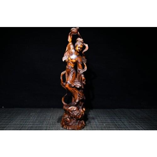 10"China Lucky Old Boxwood Hand-carved Beauty statue Flower basket Celestial flower Office Ornaments Town House