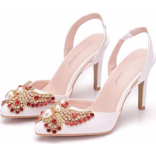 Crystal Queen Women Bridal Wedding Shoes Platform High Heel Red Rhinestone Bow Peep toe Bride Bridesmaid ladies Prom Pumps 10CM