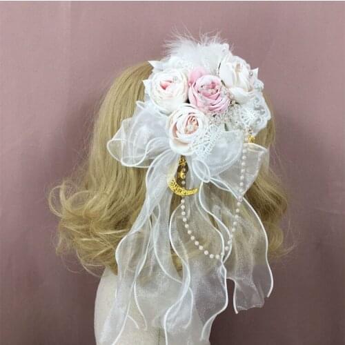 Lolita Flower Fascinator hair Clips For Women Handmade Rose Flower Fairy mesh Gauze Headwear Girls Party Pearl Chain Headpiece