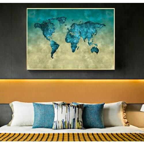 Vintage Blue Tortoise Shell Pattern World Map Canvas Painting Poster and Prints Cuadros Wall Art Pictures for Living Room Decor