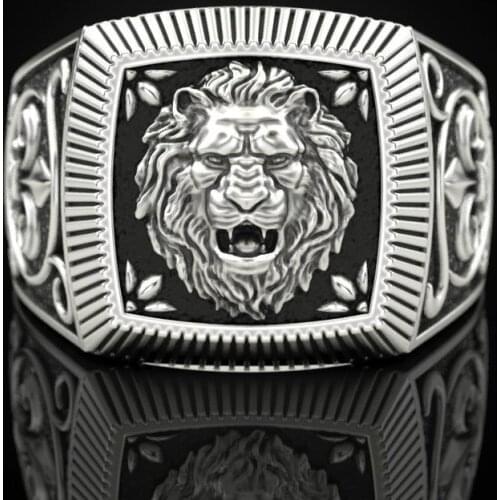 Vintage Silver Plated Aggressive Lion Head Ring Mens Steampunk Animal Party Jewelry Gothic Jewelry Anniversary Gift Size Us7-12