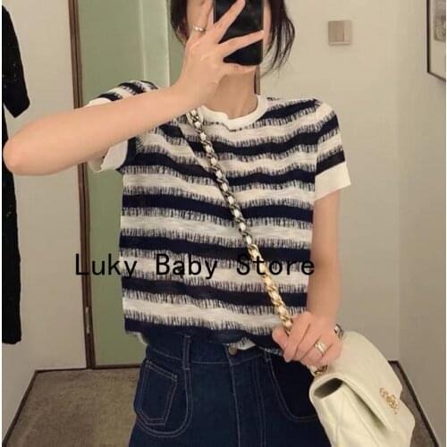 New Summer Women Sweater Knitted Short Sleeve Striped Pullover 2021 Sweaters O-Neck Tops Korean Pull Femme Jumper Female Clothes