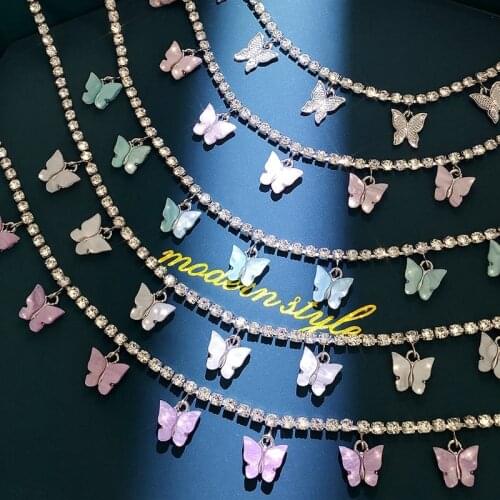 Fashion Shiny 7 Butterfly Crystal Pendant Necklace for Women Silver Color Tennis Chain Rhinestone Choker Necklace Party Jewelry