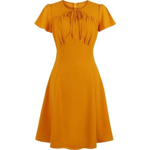 Vintage Dresses 50s 60s 40s 4XL Plus Size Women Flare Sleeves Slit V Tie Neck Ruched A Line Vintage Dress Yellow Mustard Elegant