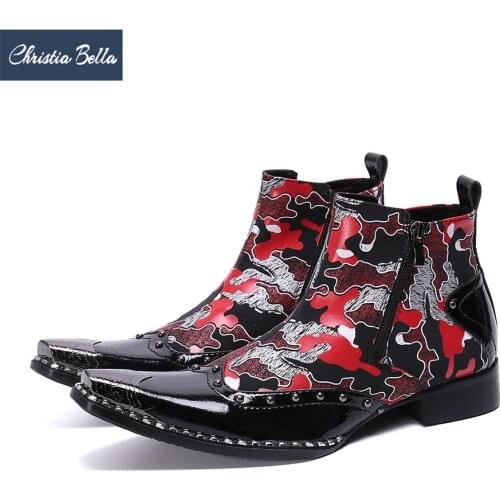 Christia Bella Camouflage Print Men Genuine Leather Boots Rivets Metal Square Toe Motorcycle Ankle Boots Male Party Formal Boots
