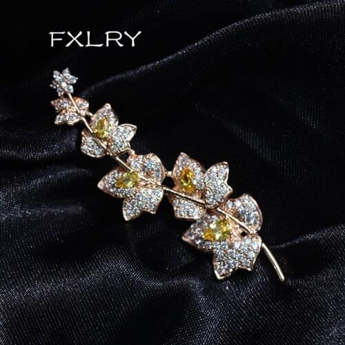 FXLRY Charming Elegant Micro Paved Zircon Gold Tone Vine Plant Branch Yellow Flowers Brooch Bridal Jewelry