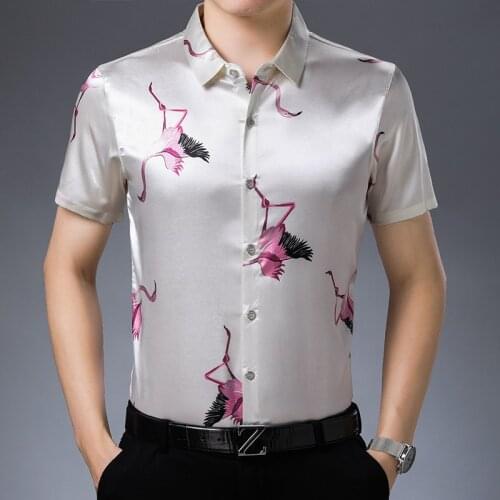 Summer Mens Fashion Printing Silk Cothes Short Sleeve Shirts Floral Printed Soft Satin Silk Dress Shirt Free Shipping