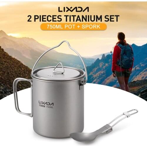 Lixada Lightweight Titanium 750ml Pot Water Cup with Folding Spork for Outdoor Hiking Backpacking Picnic Camping Cookware