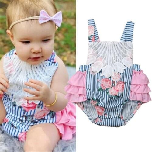0-24M Cute New Born Baby Girls Bodysuit Lovely Flower Printing Striped Jumpsuit 100% Cotton Sleeveless Baby Girls Tutu Clothes