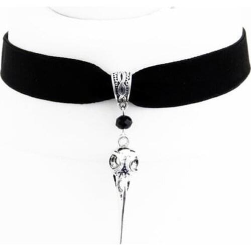 Fashion Crow Head Bird Skull Necklace Black Velvet Collar Charm Black Beads Connection Neck Brace For Women Jewelry Bijoux