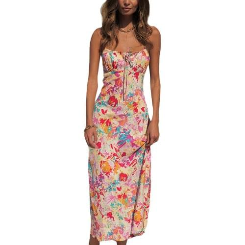 Women Summer Braces Dress, Full Floral Tied Spaghetti Straps Sleeveless Tight Slip Dress for Girls, Beige/Red