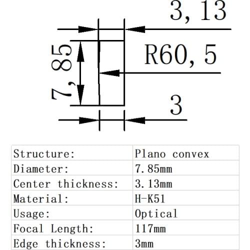 Plano Convex Lens Diameter 7.85mm Focal Length 117mm H-K51 Glass Lens Optical Glass Optical Lens