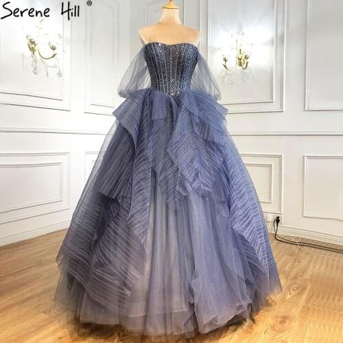 Serene Hill Luxury Blue Beading Evening Dresses 2021 Srtapless Sexy Ball Gowns For Women Party LA70936