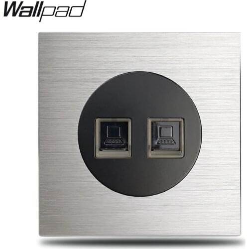 L6 Grey Single Panel Double CAT6 PC Data Internet Wall Socket Outlet Silver Brushed Aluminum Plate , 86 * 86 mm