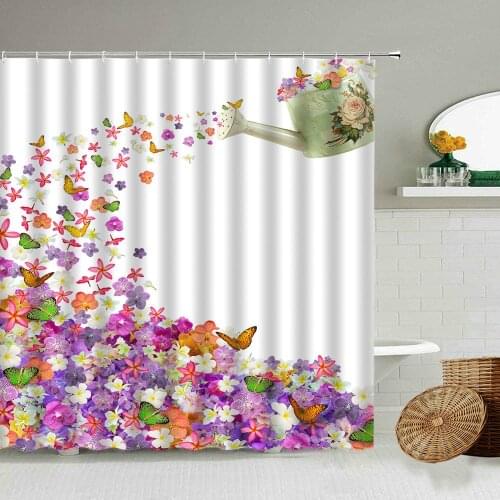 Cartoon Colorful Flower Butterfly Shower Curtain White Background Creative Design Bathroom Decoration Blackout Waterproof Screen