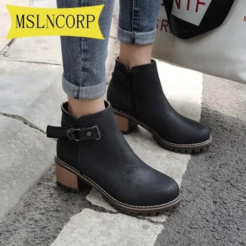 Plus Size 34-46 Women Shoes Boots Female Leather Women Boots Thick Heels Ankle Boots for Women Round Toe Winter Shoes Women Boot