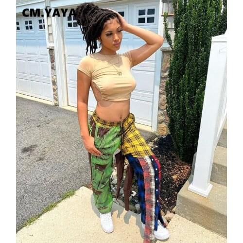 CM.YAYA Women Pants Patchwork Drawstring Waist Loose Straight Pants with Pockets Casual Toursers Fashion Streetwear Autumn 2021