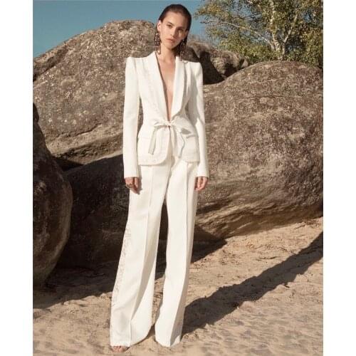 Top Quality White Fashion Long Sleeve V Neck Coat With Pant Winter Women Sets Evening Party Sets
