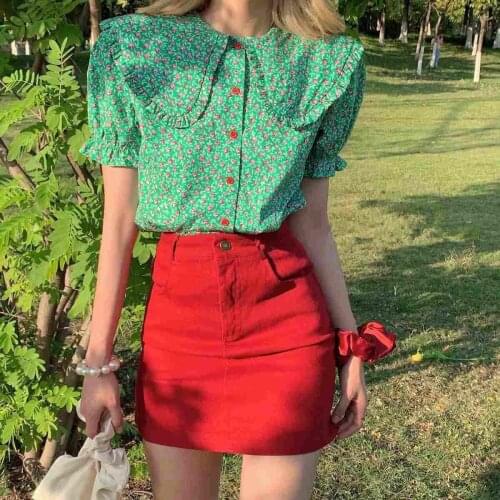 Two-piece suit womens new style student Korean style Chic retro floral shirt + all-match denim skirt fashion